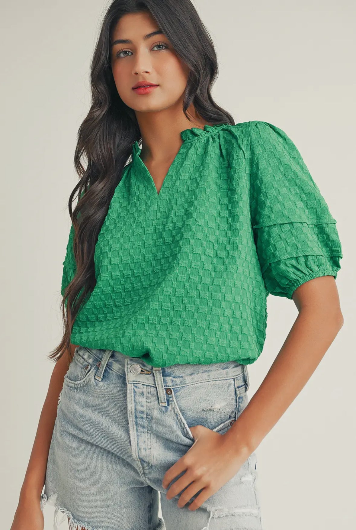 Textured Puff Sleeve V-Neck Top