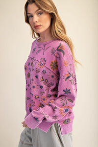 Floral Printed Washed Terry Pullover