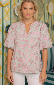 Floral Jaquard Puff Sleeve Blouse