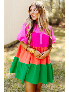 Multicolor Color Block Tiered Puff Sleeve Dress