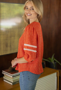 Striped Detail Half Puff Sleeve Ribbed Top