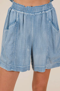 Washed Chambray Elastic Waist Easy Fit Shorts