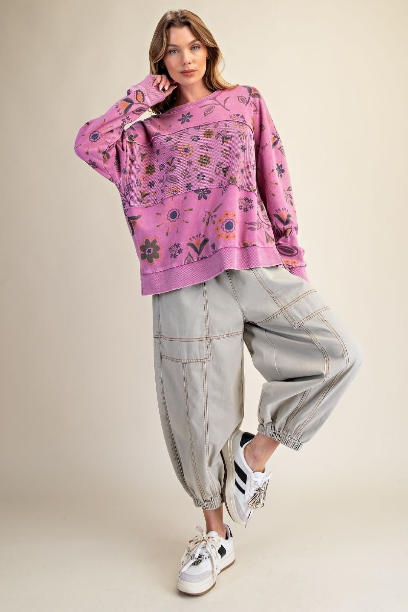 Floral Printed Washed Terry Pullover