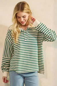 Striped Print Henley Oversized Collar Pullover
