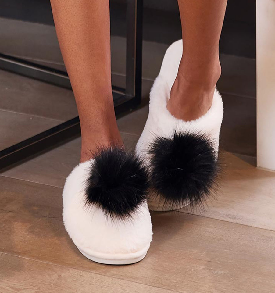 Plush Slippers - Ivory with Black Pom Pom