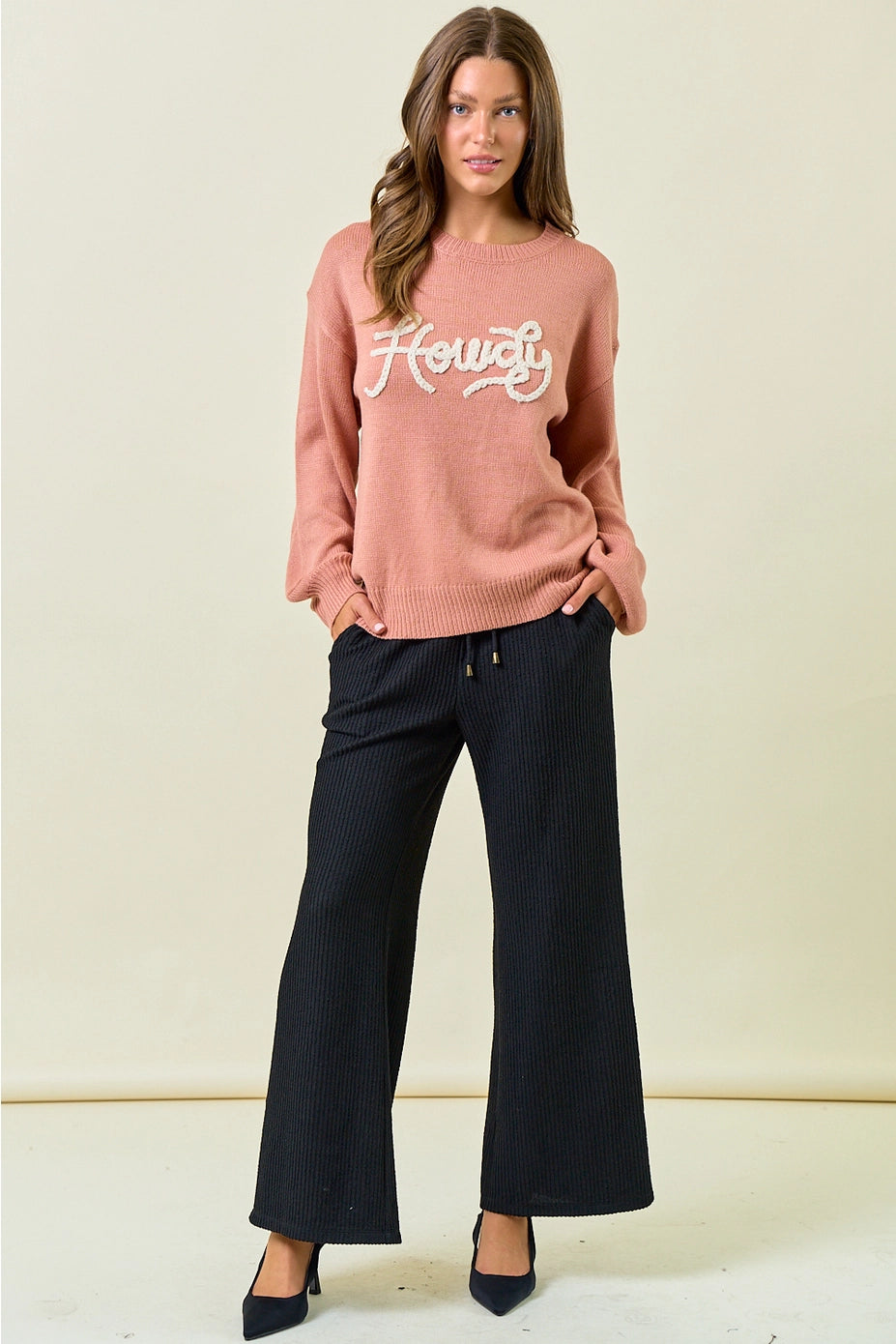 Howdy Embroidered Round Neck Oversized Sweater
