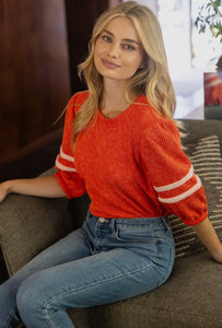 Striped Detail Half Puff Sleeve Ribbed Top
