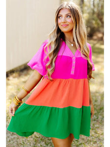 Multicolor Color Block Tiered Puff Sleeve Dress