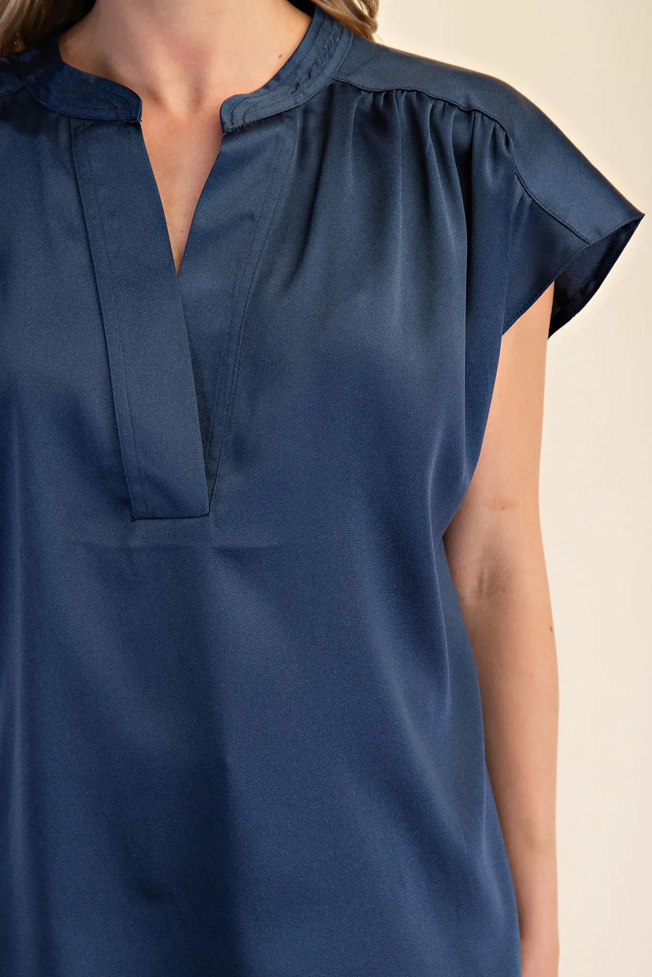 Round Neck V-Neck Drop Cap Sleeve Satin Blouse