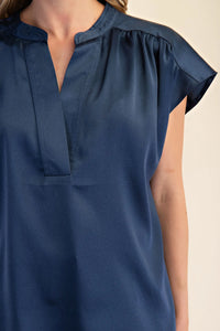 Round Neck V-Neck Drop Cap Sleeve Satin Blouse