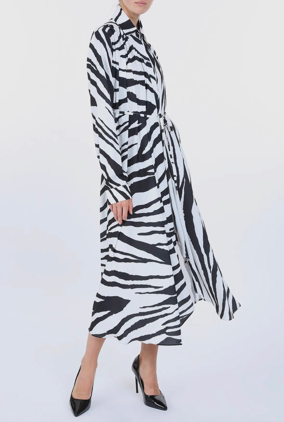 Zebra Belted Satin Midi Dress