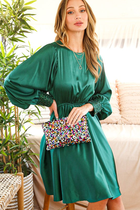 Sequin Detail Swing Satin Knee Dress