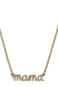 Mama Pearl Studded Script Necklace in Worn Gold