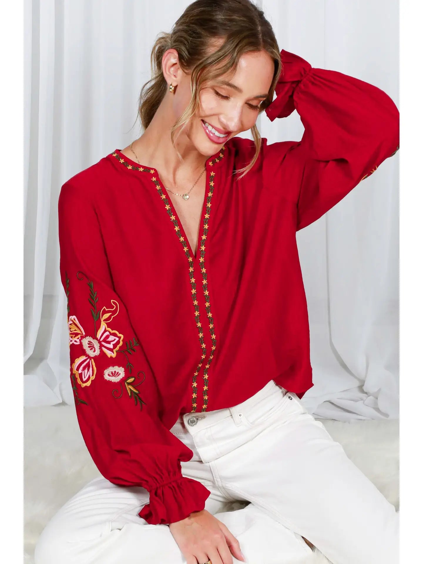 Bohemian Floral Embroidered Round Split Neck Blouse