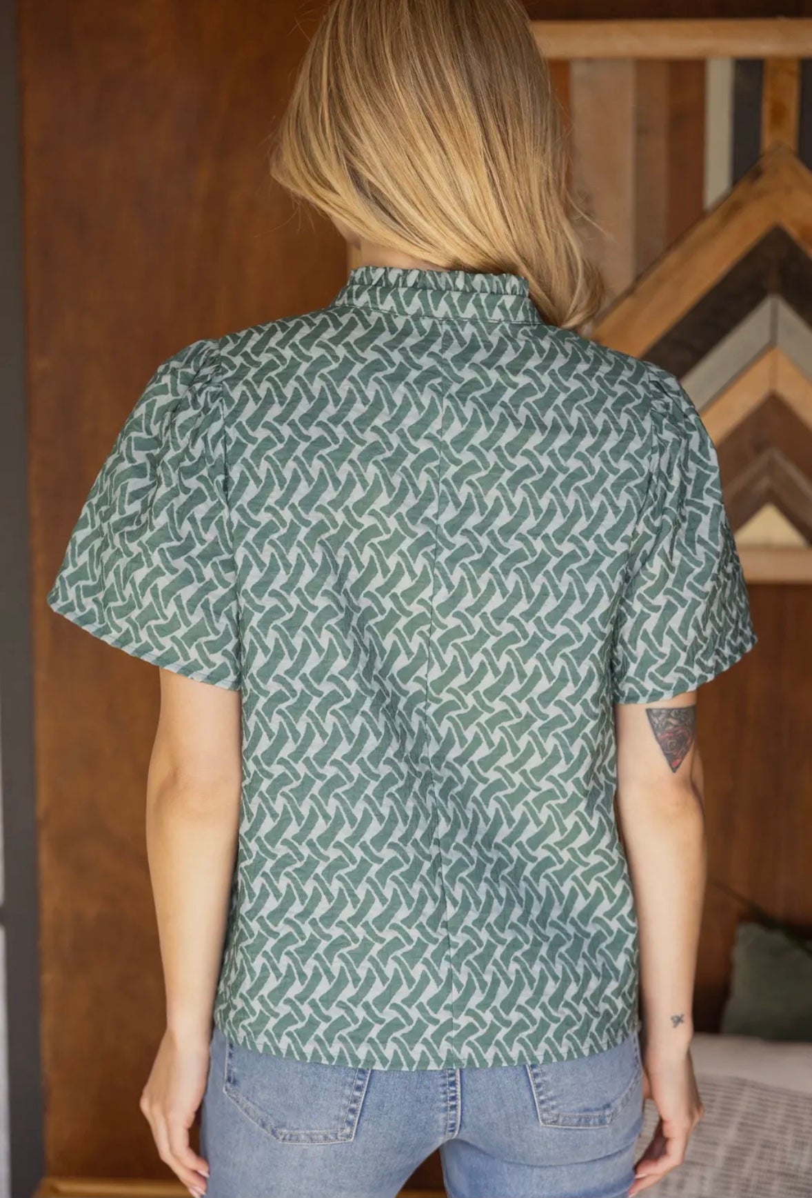 Ruffled High Neck Abstract Printed Top