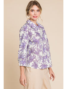 Plant Print Top With Collared Neck