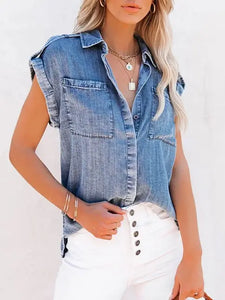 Vintage Washed Distressed Denim Sleeveless Shirt Vest Top