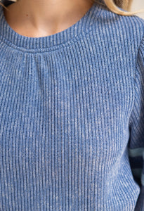 Striped Detail Half Puff Sleeve Ribbed Top