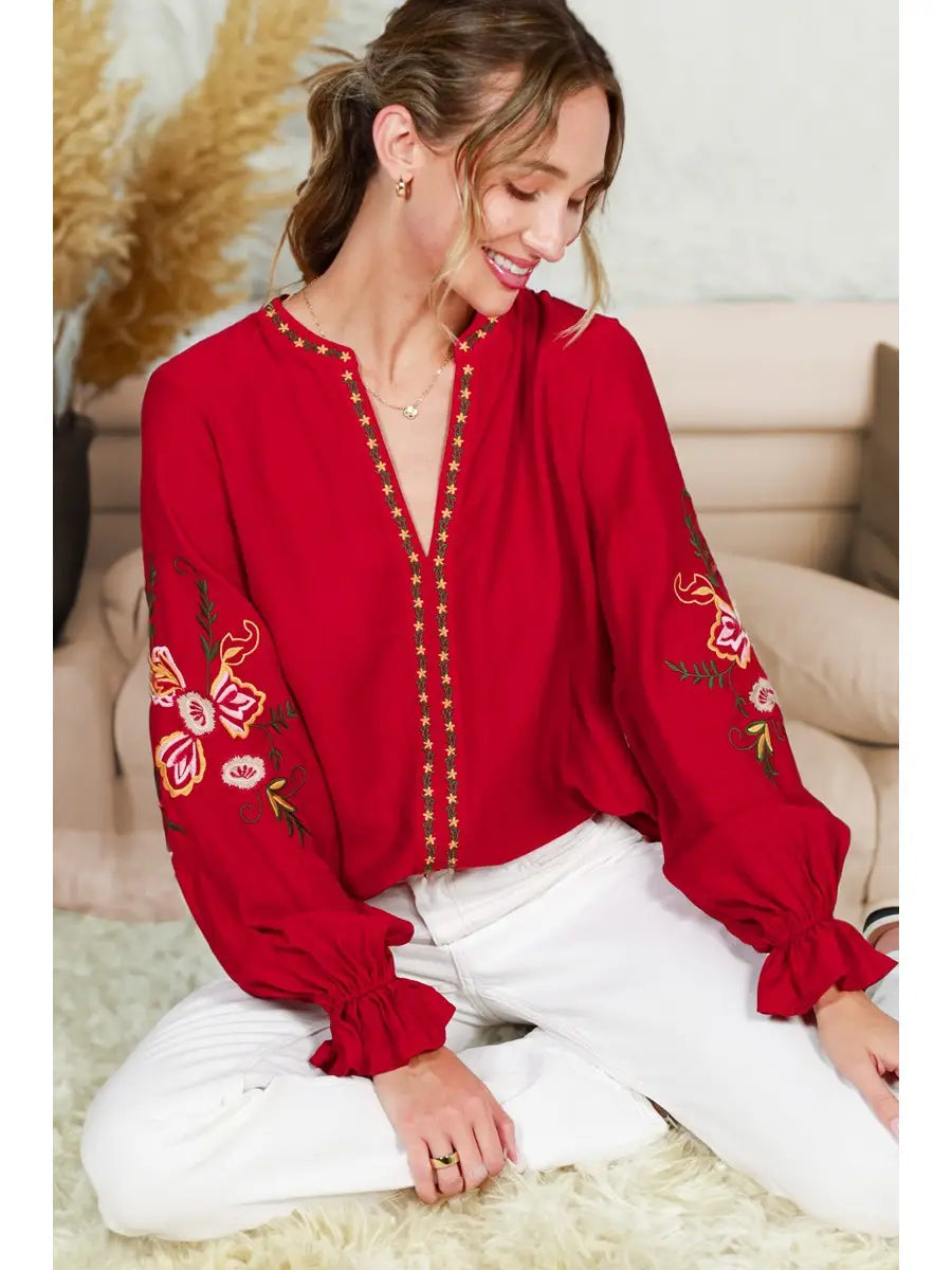 Bohemian Floral Embroidered Round Split Neck Blouse