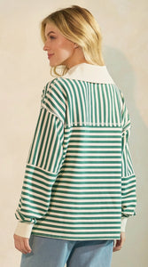 Striped Print Henley Oversized Collar Pullover