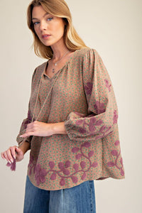 Bubble Sleeve Embroidered Detailing Washed Top