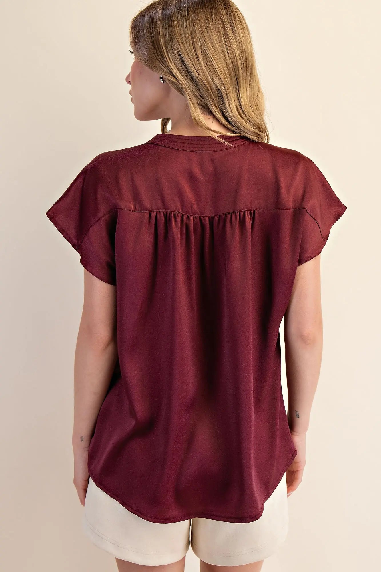 Round Neck V-Neck Drop Cap Sleeve Satin Blouse