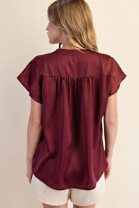 Round Neck V-Neck Drop Cap Sleeve Satin Blouse