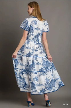 Landscape Print Tiered Dress with Split Neck