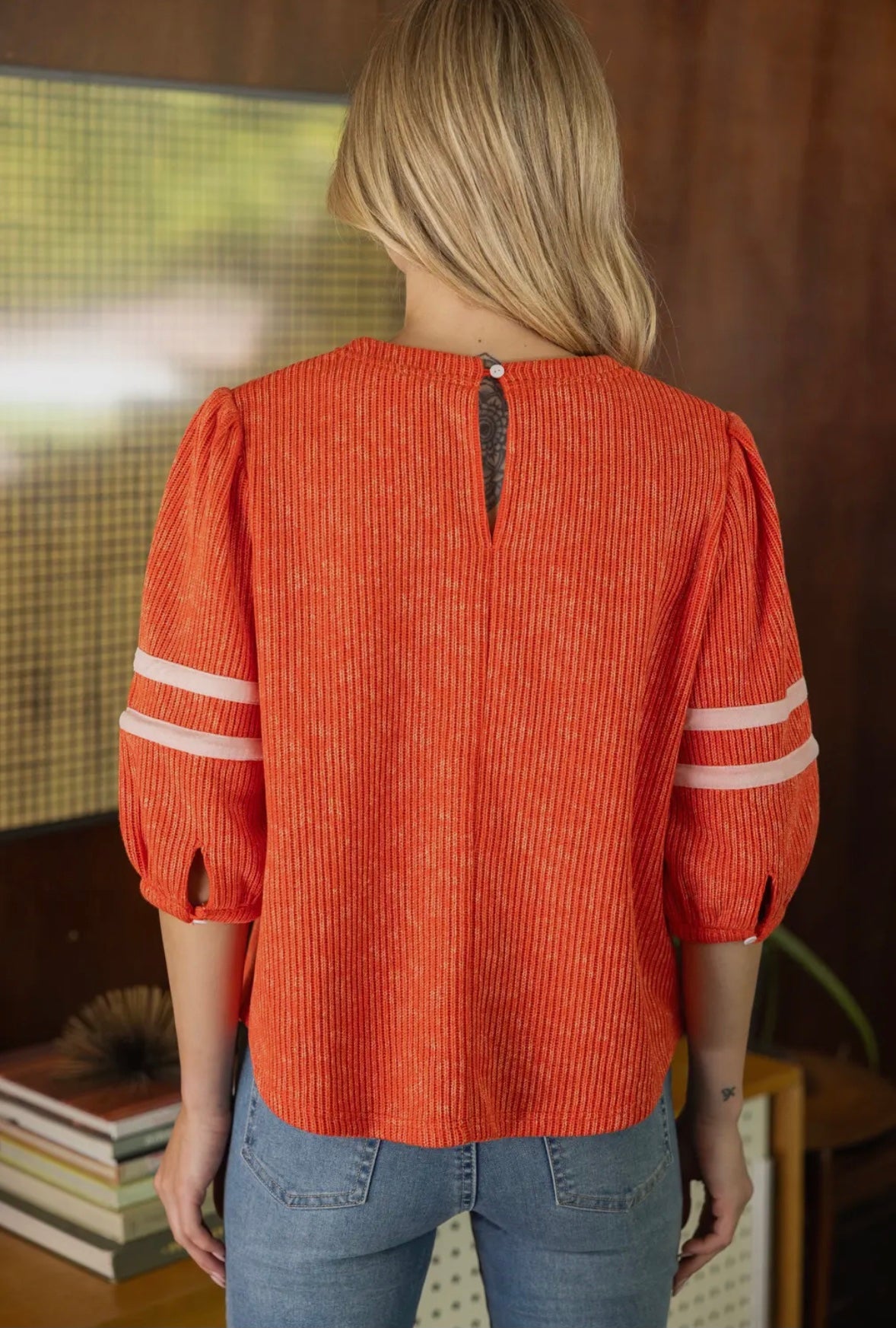 Striped Detail Half Puff Sleeve Ribbed Top