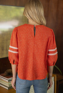 Striped Detail Half Puff Sleeve Ribbed Top