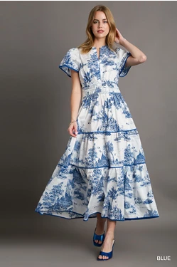 Landscape Print Tiered Dress with Split Neck