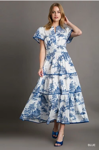 Landscape Print Tiered Dress with Split Neck