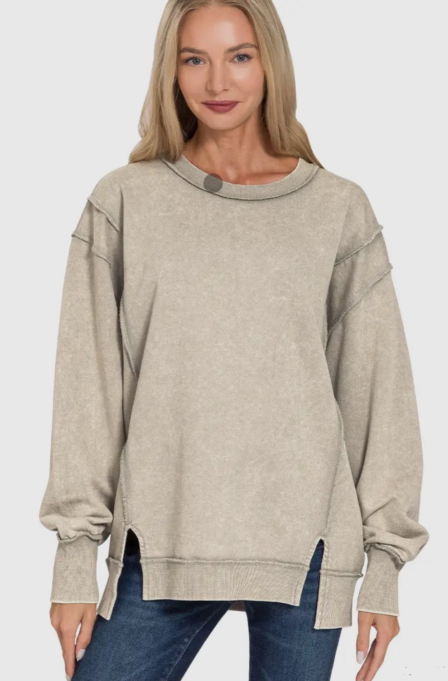 Acid Wash Sweatshirt With Exposed-seam And Trim Detail