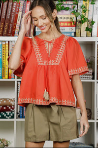 Orange Embroidered Top