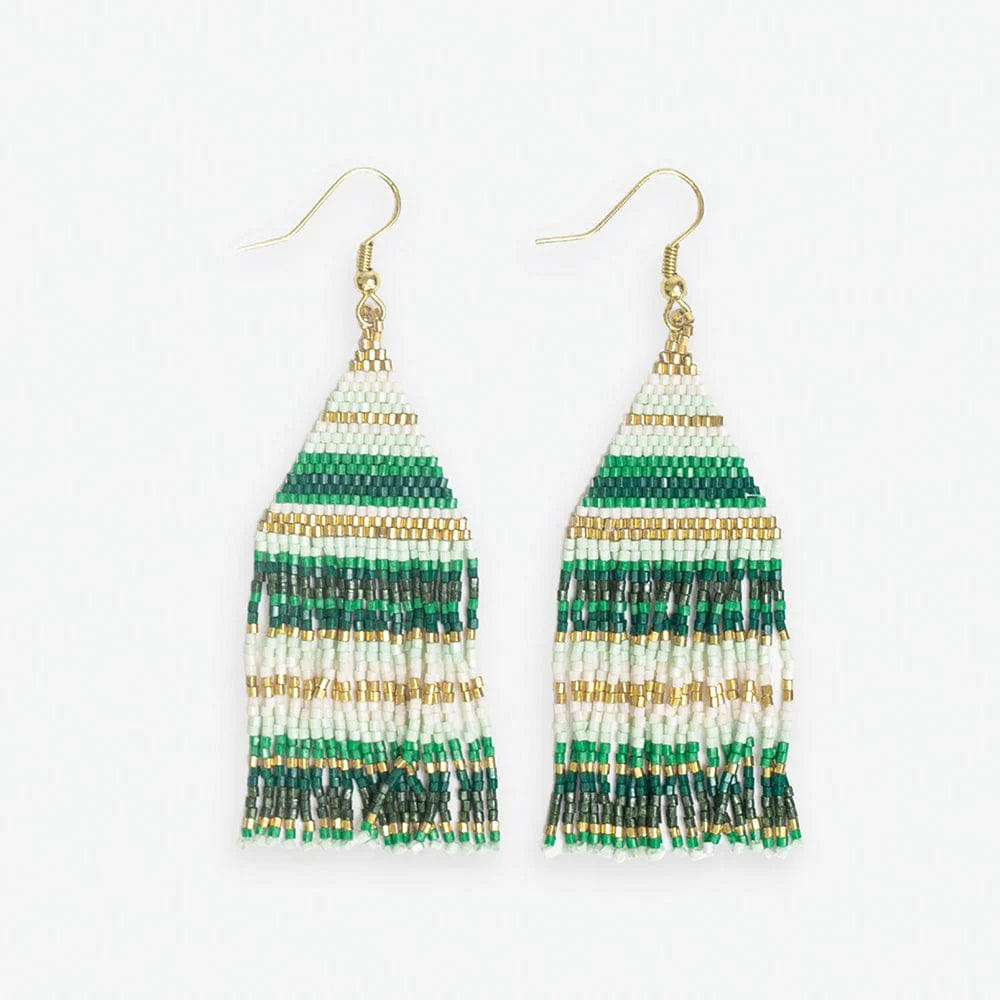 Lexie Horizontal Stripes Beaded Fringe Earrings Mixed Green