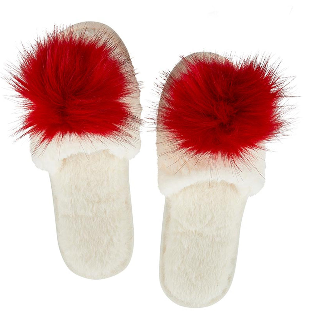 Plush Slippers - Ivory with Red Pom Pom