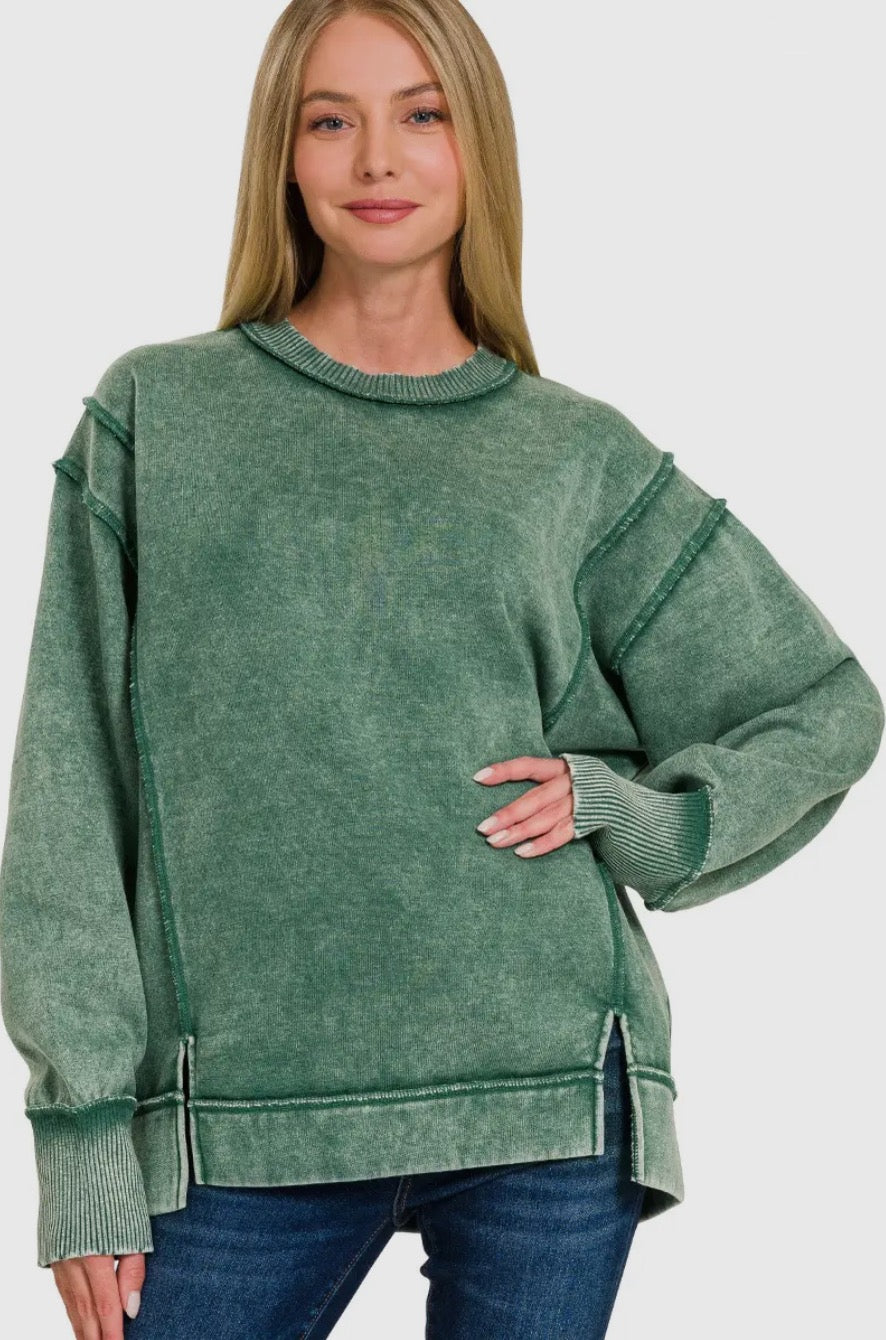 Acid Wash Exposed-seam Fleece Sweatshirt