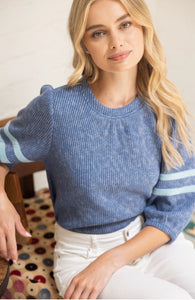 Striped Detail Half Puff Sleeve Ribbed Top
