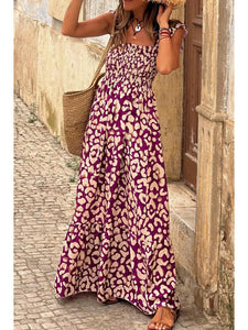 Rose Leopard Smocked High Waist Long Dress