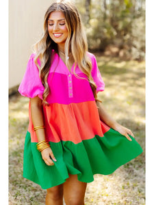 Multicolor Color Block Tiered Puff Sleeve Dress