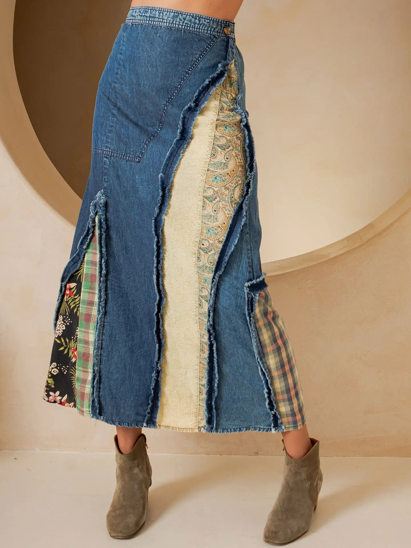 Western Boho Chic: Patch Inserted Denim Midi Skirt