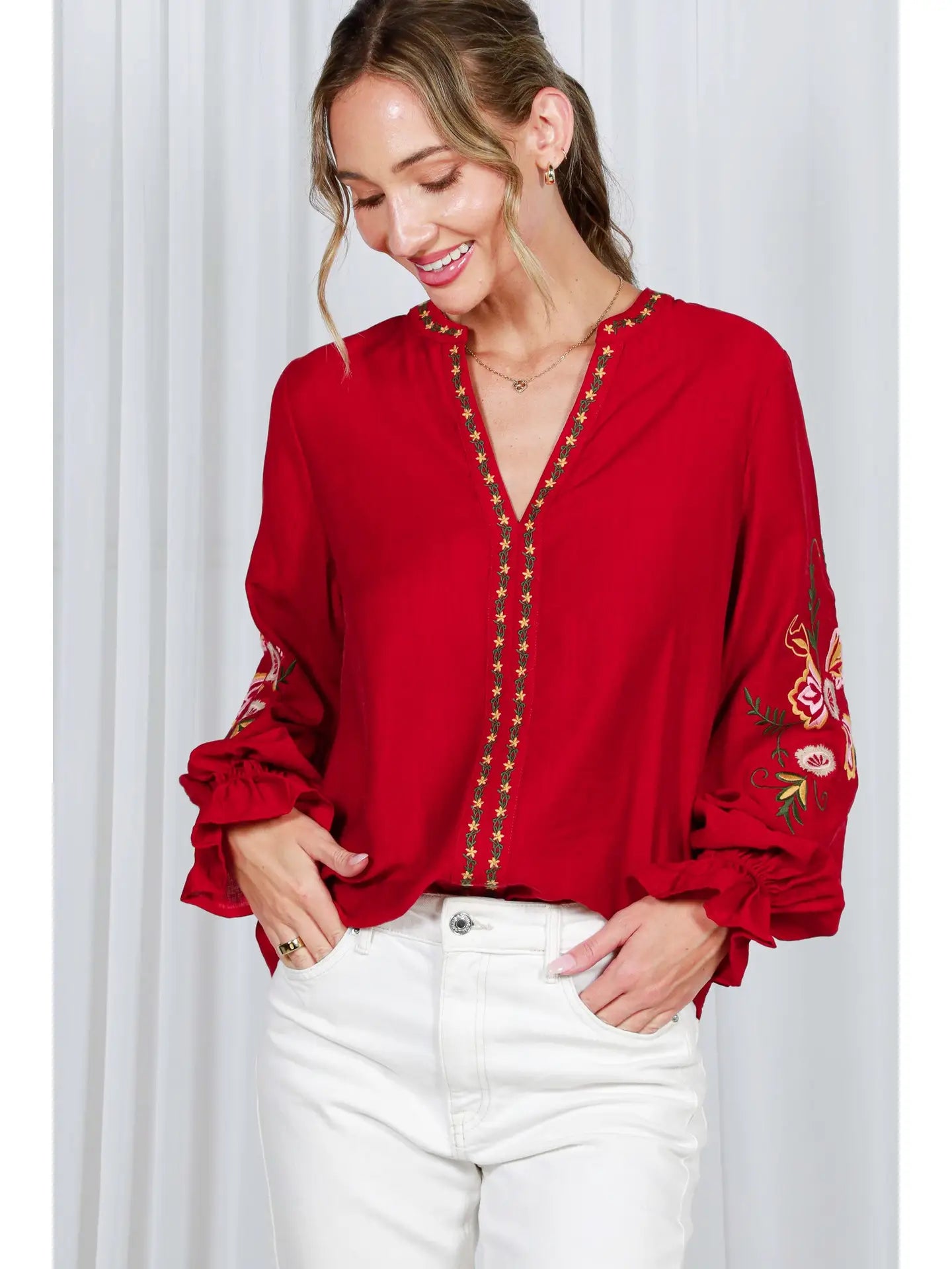 Bohemian Floral Embroidered Round Split Neck Blouse