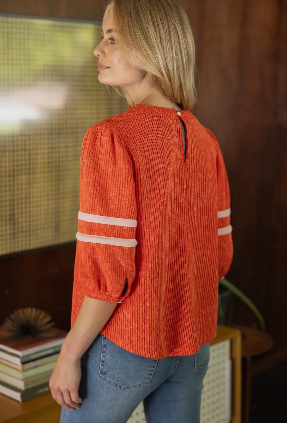 Striped Detail Half Puff Sleeve Ribbed Top