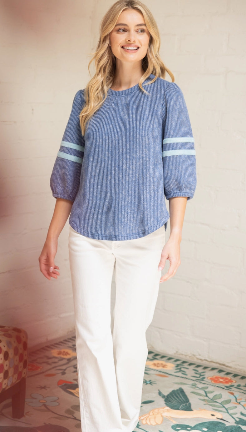 Striped Detail Half Puff Sleeve Ribbed Top