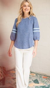 Striped Detail Half Puff Sleeve Ribbed Top