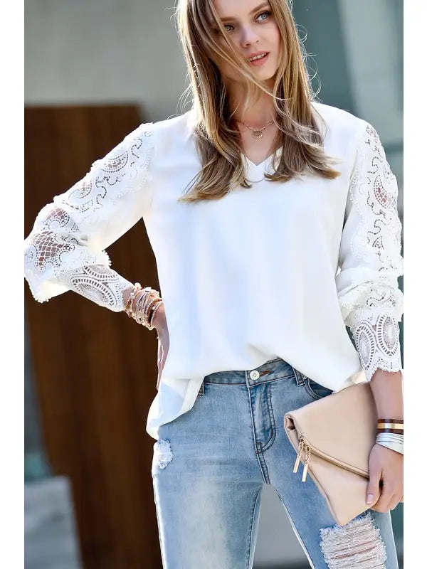 Lace Patch Sleeve V-Neck Blouse Top