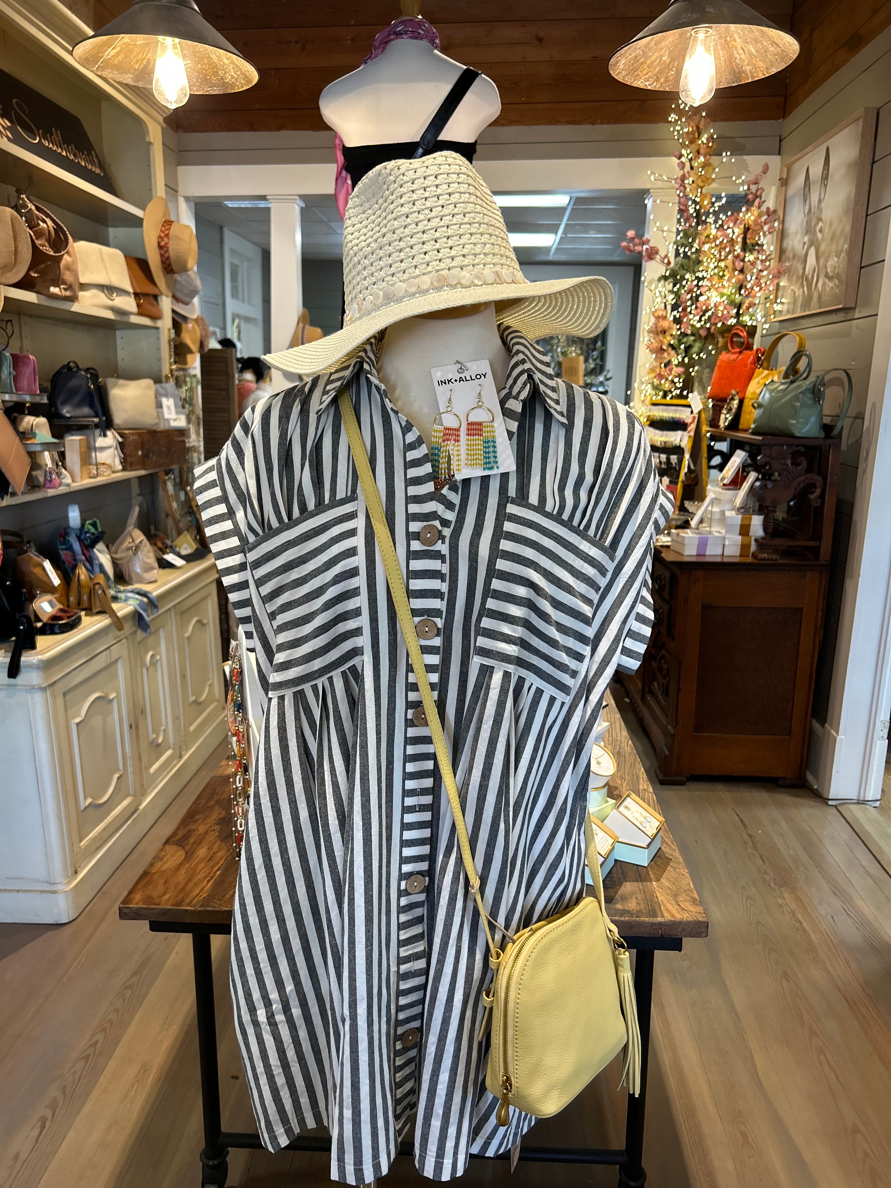 Cotton Striped Button Down Tunic Dress