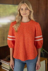 Striped Detail Half Puff Sleeve Ribbed Top