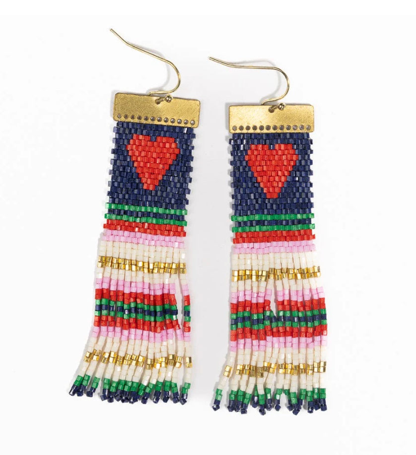 Lauren Stripe Heart Beaded Earrings Navy Red