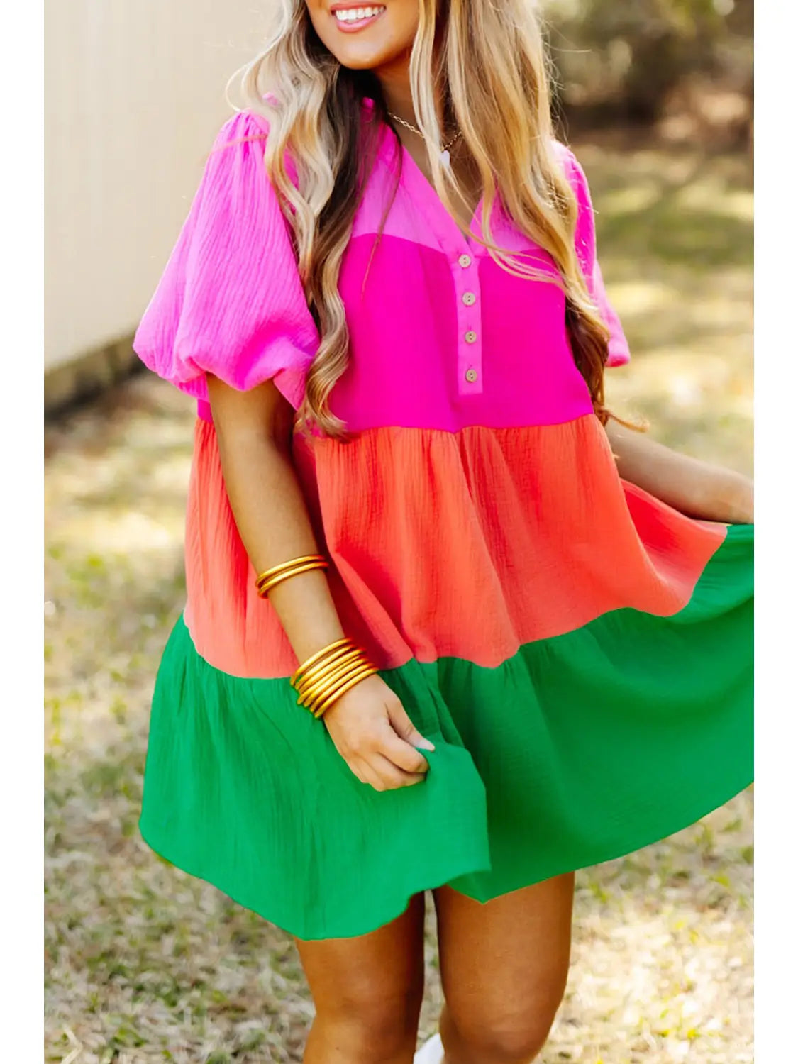 Multicolor Color Block Tiered Puff Sleeve Dress